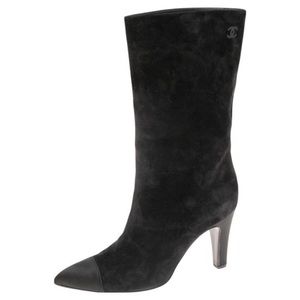 Chanel Black Suede and Satin Gabrielle Cap Toe Mid Calf Boots